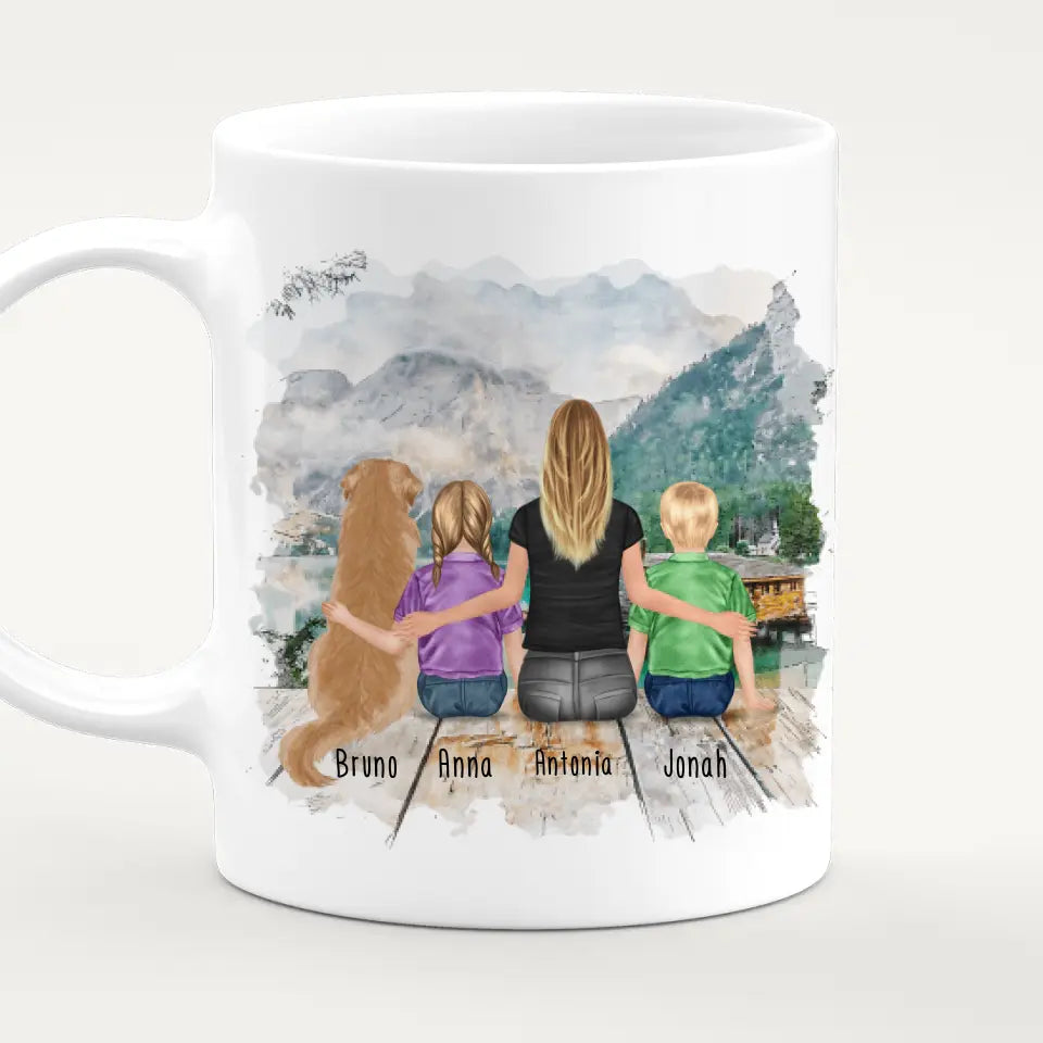 Personalisierte Tasse mit 1 Frau + 2 Kindern + 1 Hund
