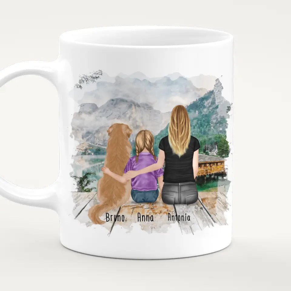 Personalisierte Tasse mit 1 Frau + 1 Kind + 1 Hund