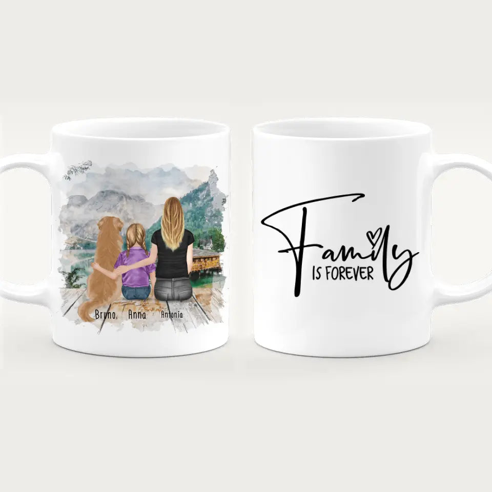 Personalisierte Tasse mit 1 Frau + 1 Kind + 1 Hund