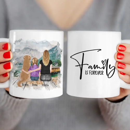 Personalisierte Tasse mit 1 Frau + 1 Kind + 1 Hund