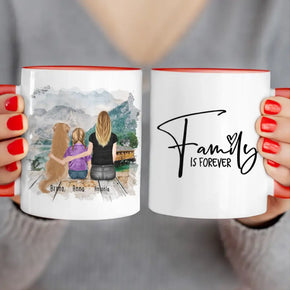 Personalisierte Tasse mit 1 Frau + 1 Kind + 1 Hund