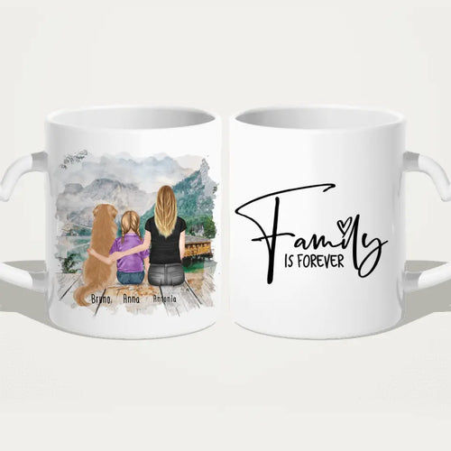 Personalisierte Tasse mit 1 Frau + 1 Kind + 1 Hund