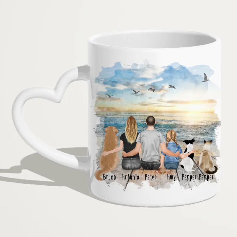 Personalisierte Tasse mit Familie + 2 Hunde + 1 Katze (1 Kind)