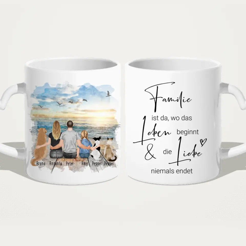 Personalisierte Tasse mit Familie + 2 Hunde + 1 Katze (1 Kind)