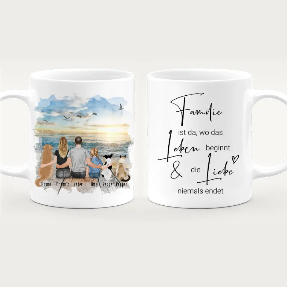 Personalisierte Tasse mit Familie + 2 Hunde + 1 Katze (1 Kind)