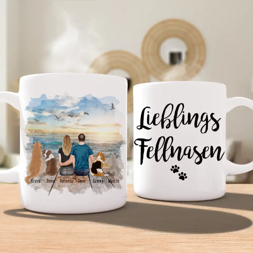 Personalisierte Tasse - 1 Frau + 1 Mann (Paar/Pärchen) + 1-5 Hunde/Katzen