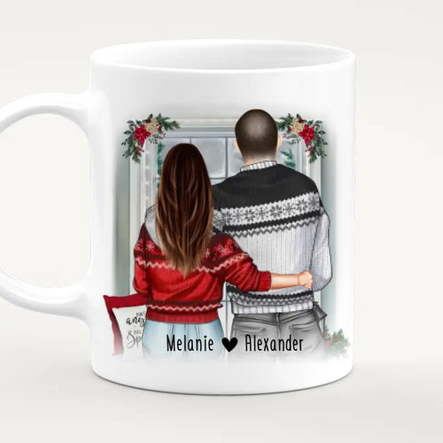 Personalisierte Tasse mit Paar in Weihnachtspullovern (stehend) - Pärchen Tasse - Weihnachtstasse