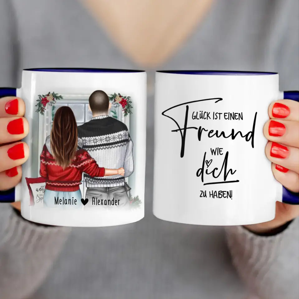 Personalisierte Tasse mit Paar in Weihnachtspullovern (stehend) - Pärchen Tasse - Weihnachtstasse