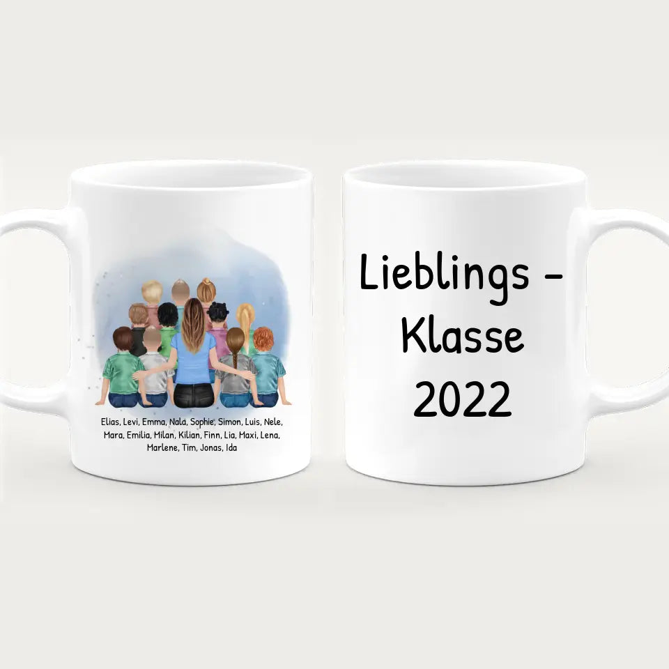 Personalisierte Tasse mit Lehrer/Lehrerin und Schulklasse (11-26 Schüler/Kinder)