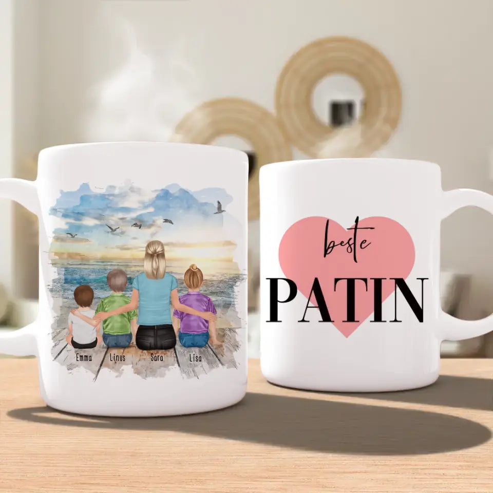 Personalisierte Tasse mit Patin (1 Baby + 2 Kinder + 1 Patin)