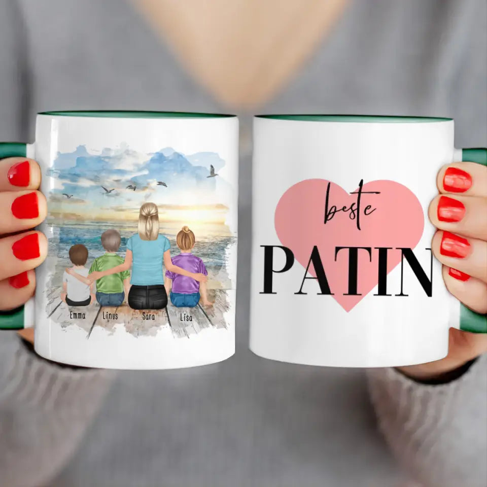 Personalisierte Tasse mit Patin (1 Baby + 2 Kinder + 1 Patin)