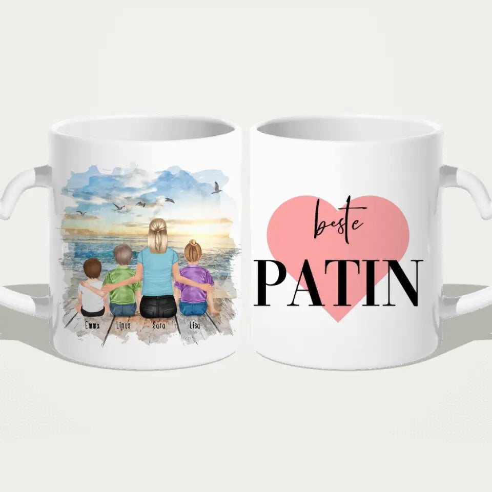 Personalisierte Tasse mit Patin (1 Baby + 2 Kinder + 1 Patin)