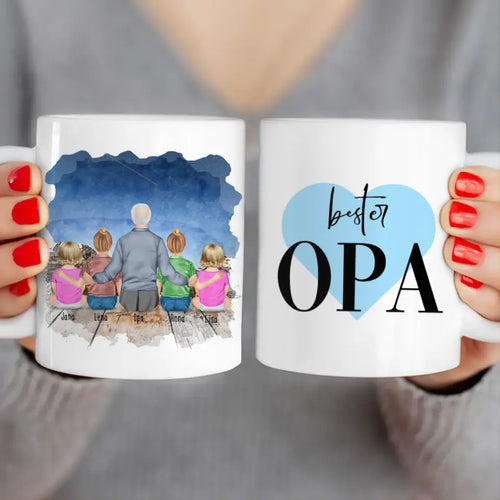 Personalisierte Tasse für Opa (2 Kinder + 2 Babys + 1 Opa)