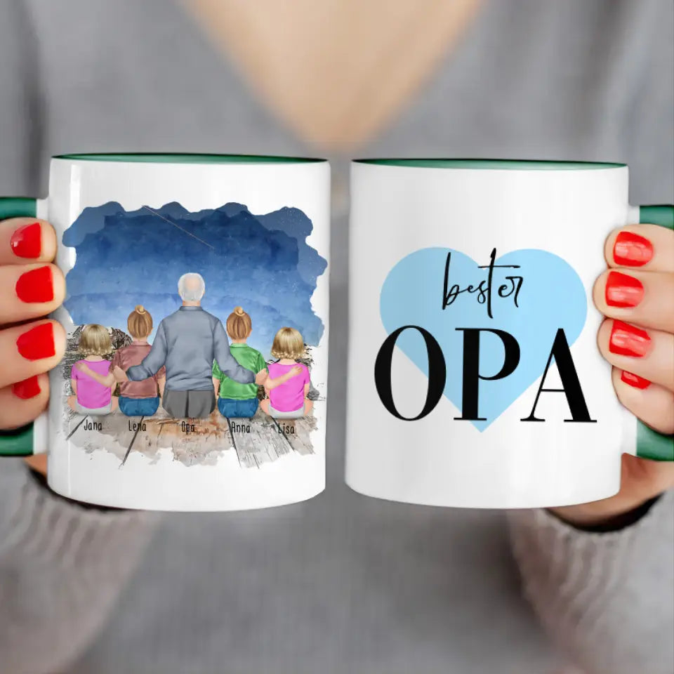 Personalisierte Tasse für Opa (2 Kinder + 2 Babys + 1 Opa)