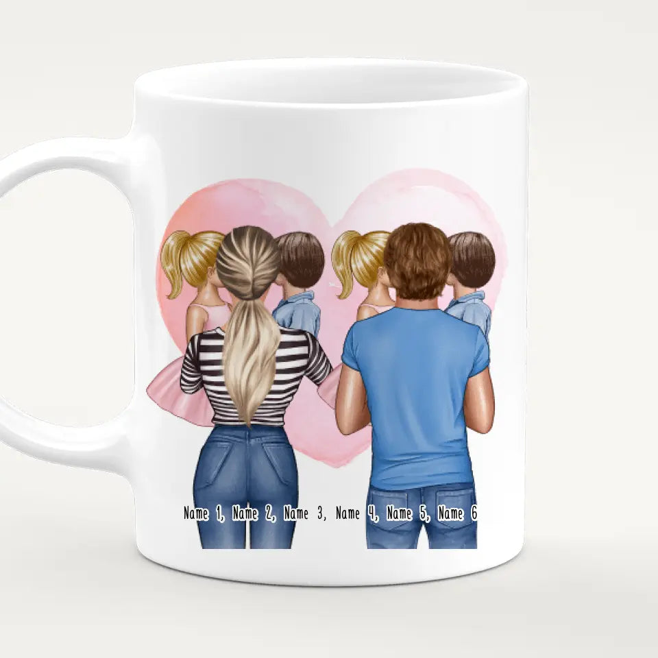 Personalisierte Tasse Mutter/Mama + Vater/Papa mit je 1 Kind & 1 Baby