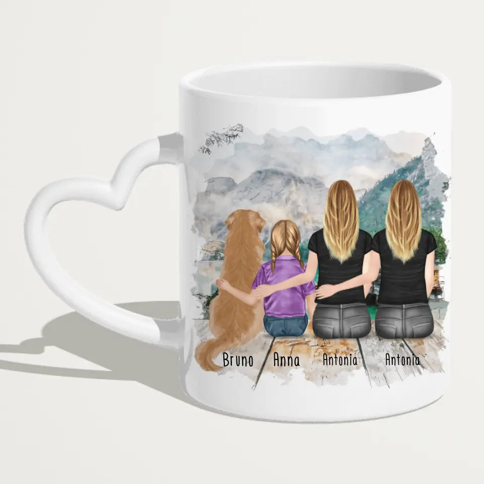 Personalisierte Tasse mit 2 Frauen + 1 Kind + 1 Hund