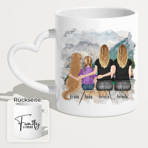 Personalisierte Tasse mit 2 Frauen + 1 Kind + 1 Hund