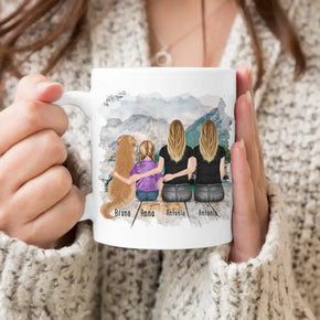 Personalisierte Tasse mit 2 Frauen + 1 Kind + 1 Hund