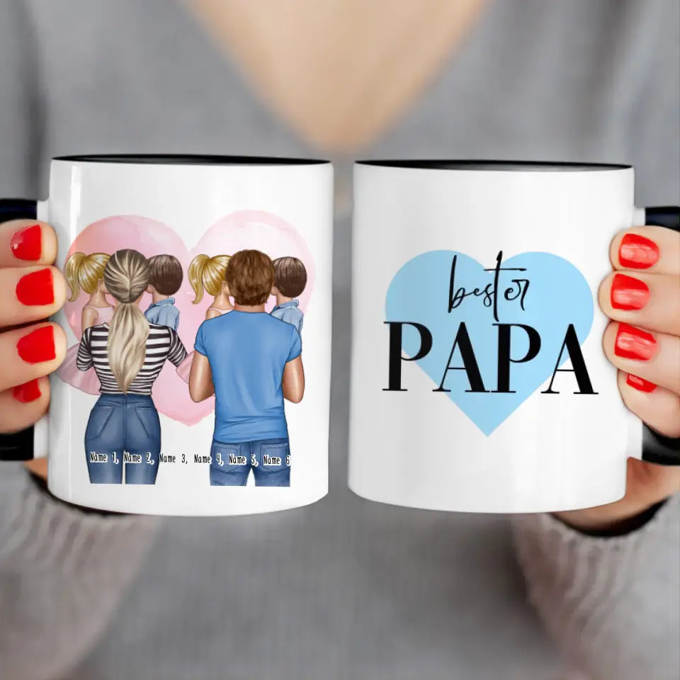 Personalisierte Tasse Mutter/Mama + Vater/Papa mit je 1 Kind & 1 Baby