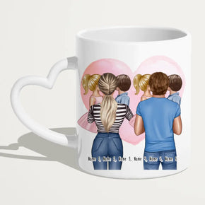 Personalisierte Tasse Mutter/Mama + Vater/Papa mit je 1 Kind & 1 Baby