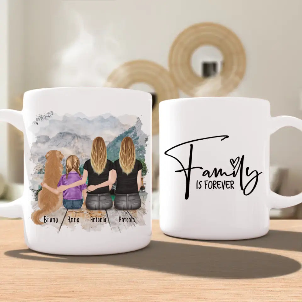 Personalisierte Tasse mit 2 Frauen + 1 Kind + 1 Hund