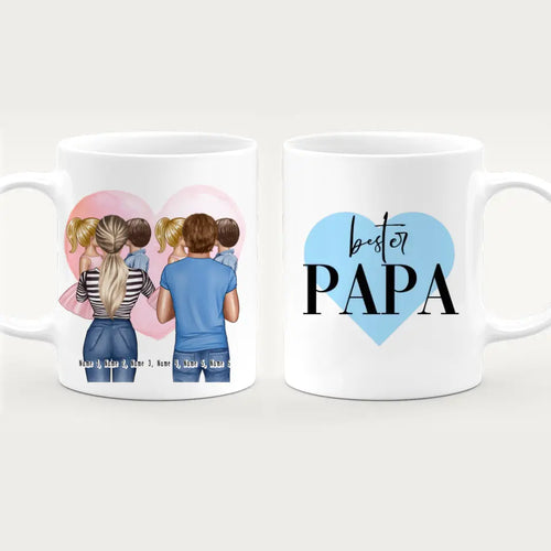 Personalisierte Tasse Mutter/Mama + Vater/Papa mit je 1 Kind & 1 Baby