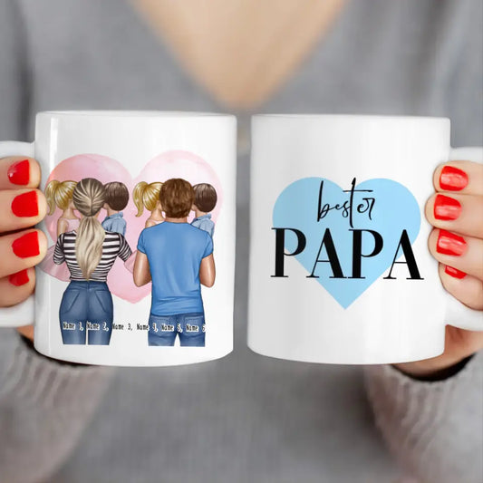 Personalisierte Tasse Mutter/Mama + Vater/Papa mit je 1 Kind & 1 Baby