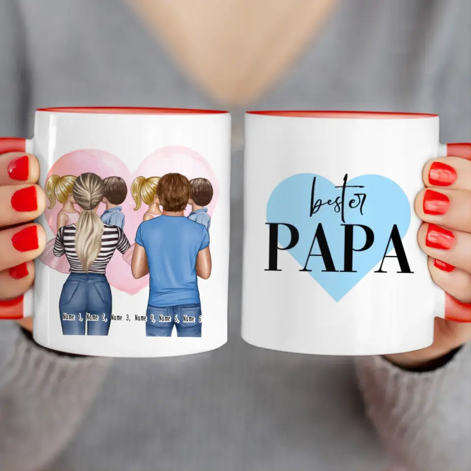 Personalisierte Tasse Mutter/Mama + Vater/Papa mit je 1 Kind & 1 Baby