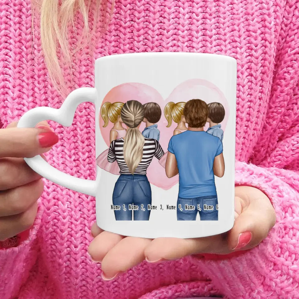 Personalisierte Tasse Mutter/Mama + Vater/Papa mit je 1 Kind & 1 Baby