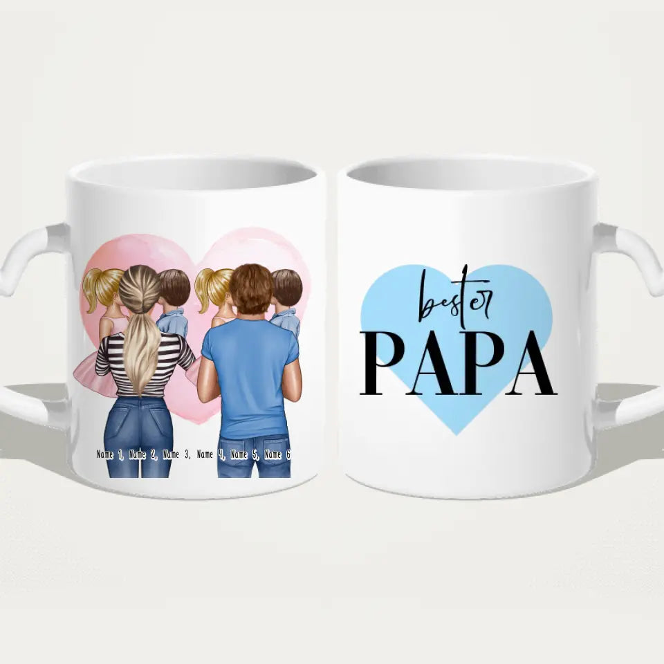 Personalisierte Tasse Mutter/Mama + Vater/Papa mit je 1 Kind & 1 Baby