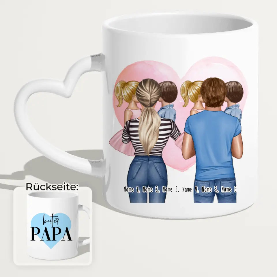 Personalisierte Tasse Mutter/Mama + Vater/Papa mit je 1 Kind & 1 Baby