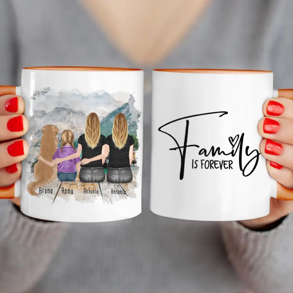 Personalisierte Tasse mit 2 Frauen + 1 Kind + 1 Hund