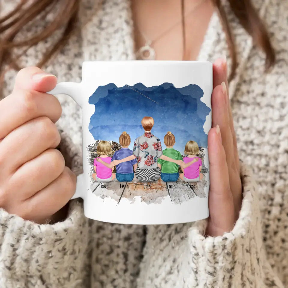 Personalisierte Tasse für Oma (2 Kinder + 2 Babys + 1 Oma)