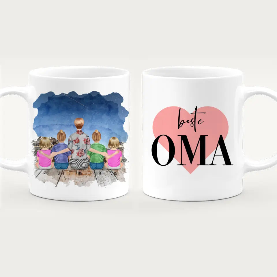 Personalisierte Tasse für Oma (2 Kinder + 2 Babys + 1 Oma)