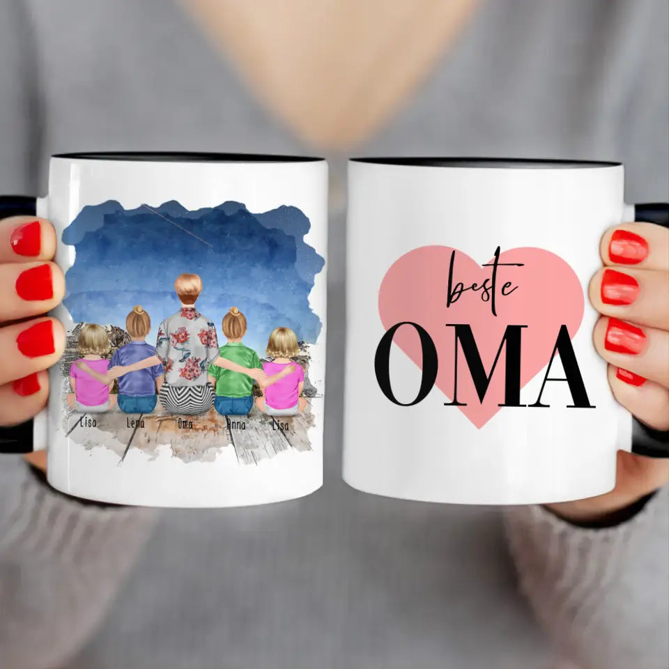 Personalisierte Tasse für Oma (2 Kinder + 2 Babys + 1 Oma)