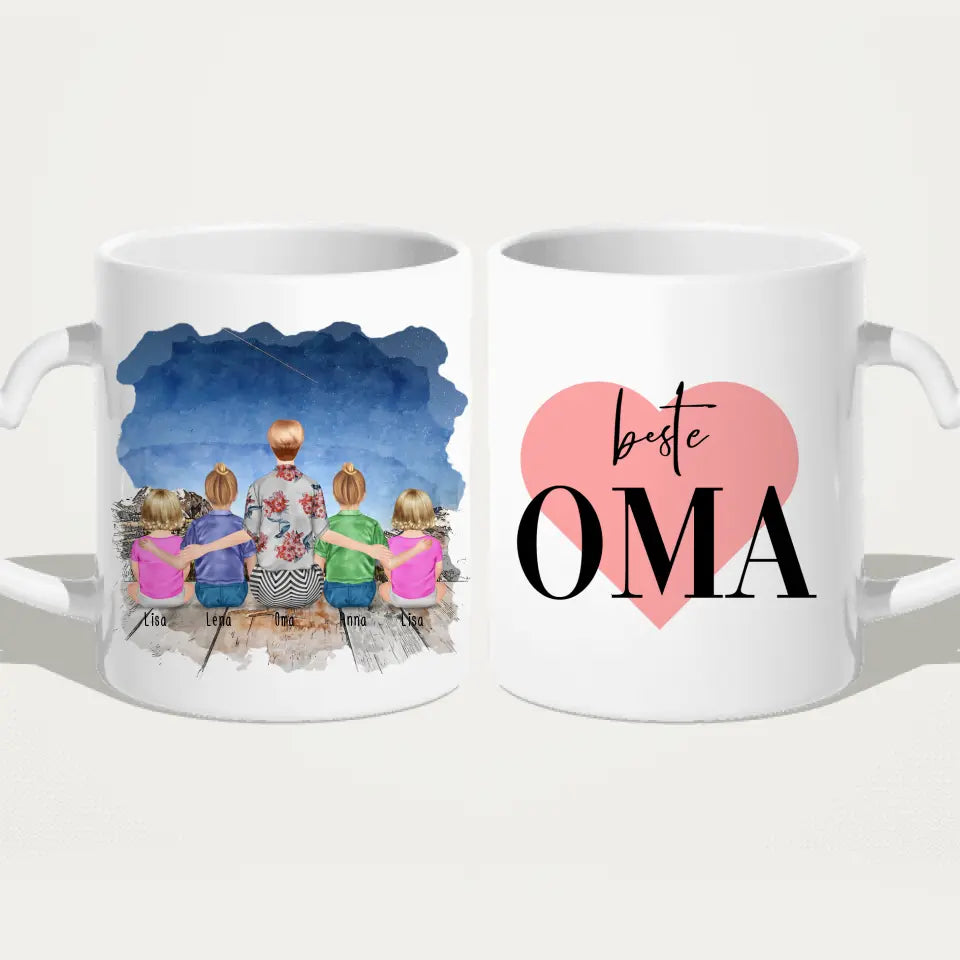 Personalisierte Tasse für Oma (2 Kinder + 2 Babys + 1 Oma)