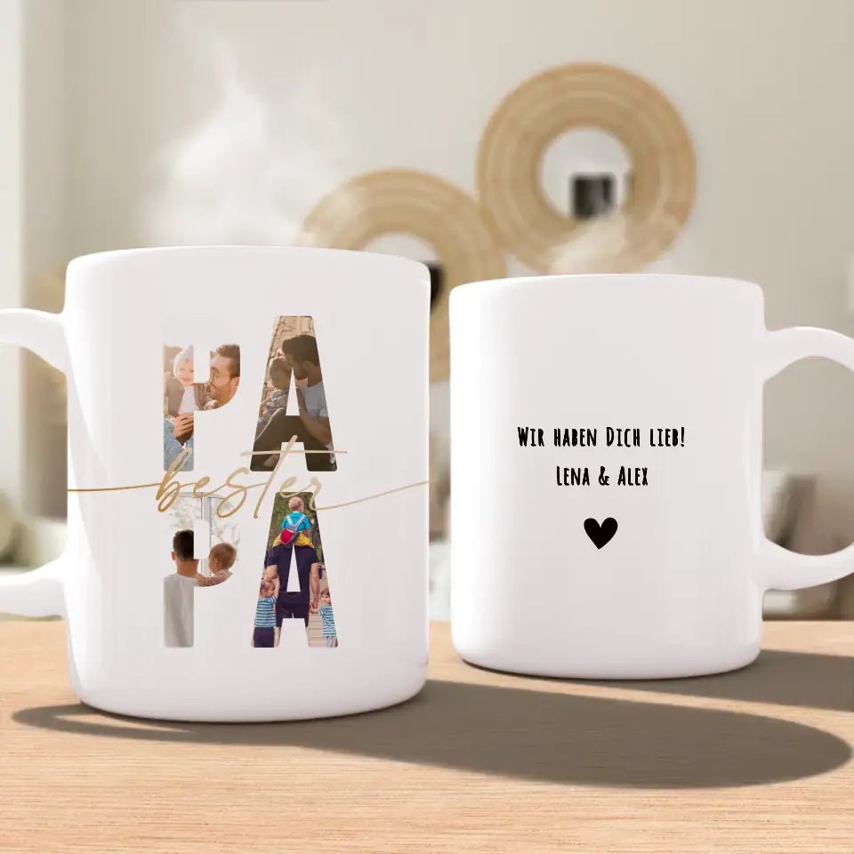 Personalisierte Tasse mit Papa Schriftzug und deinen Bildern