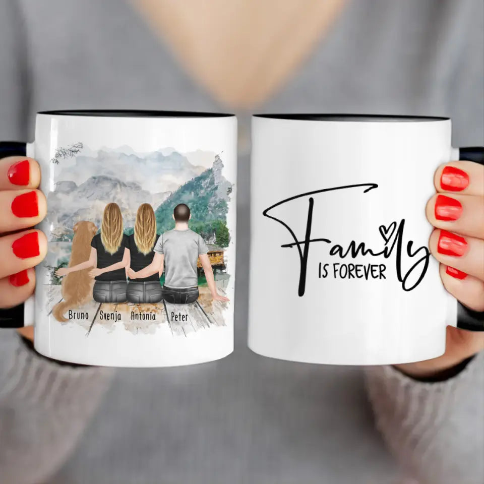 Personalisierte Tasse -  2 Frauen + 1 Mann + 1 Hund