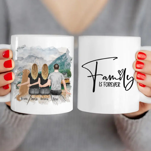 Personalisierte Tasse -  2 Frauen + 1 Mann + 1 Hund