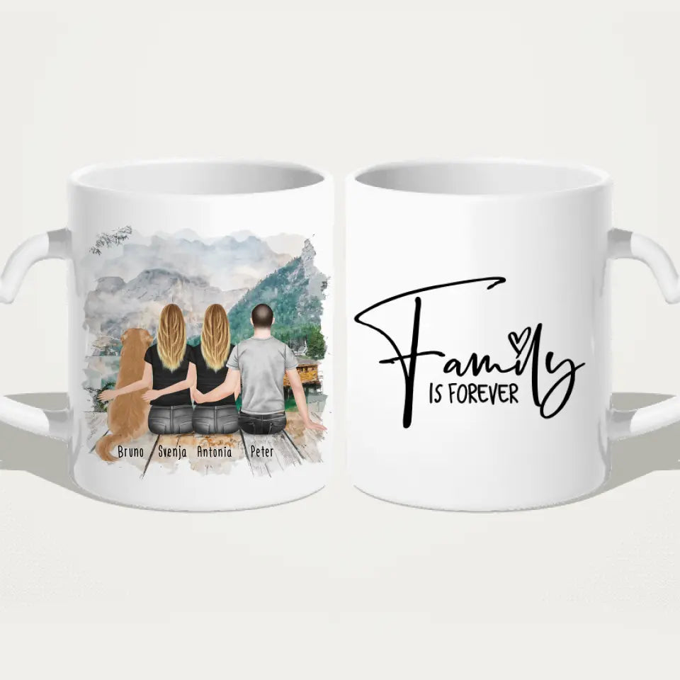 Personalisierte Tasse -  2 Frauen + 1 Mann + 1 Hund