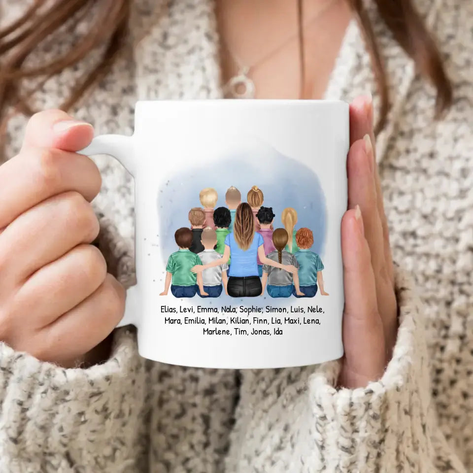 Personalisierte Tasse mit Erzieher/Erzieherin und Kindergartengruppe/Kita (11-26 Kinder)