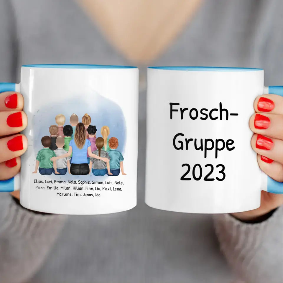 Personalisierte Tasse mit Erzieher/Erzieherin und Kindergartengruppe/Kita (11-26 Kinder)