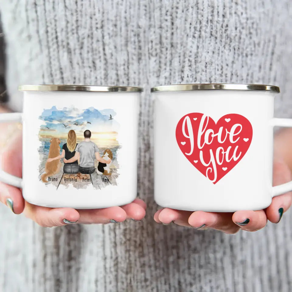 Personalisierte Tasse mit Pärchen und 2 Hunden