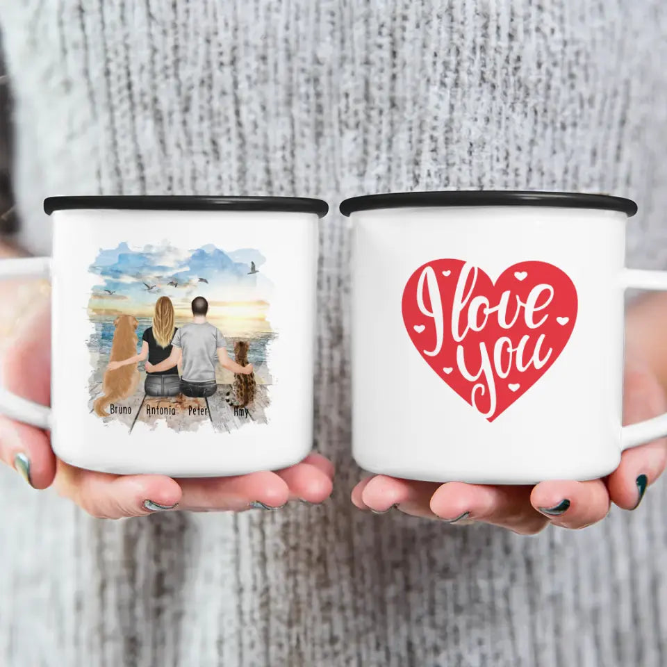 Personalisierte Tasse mit Pärchen und 1 Hund und 1 Katze