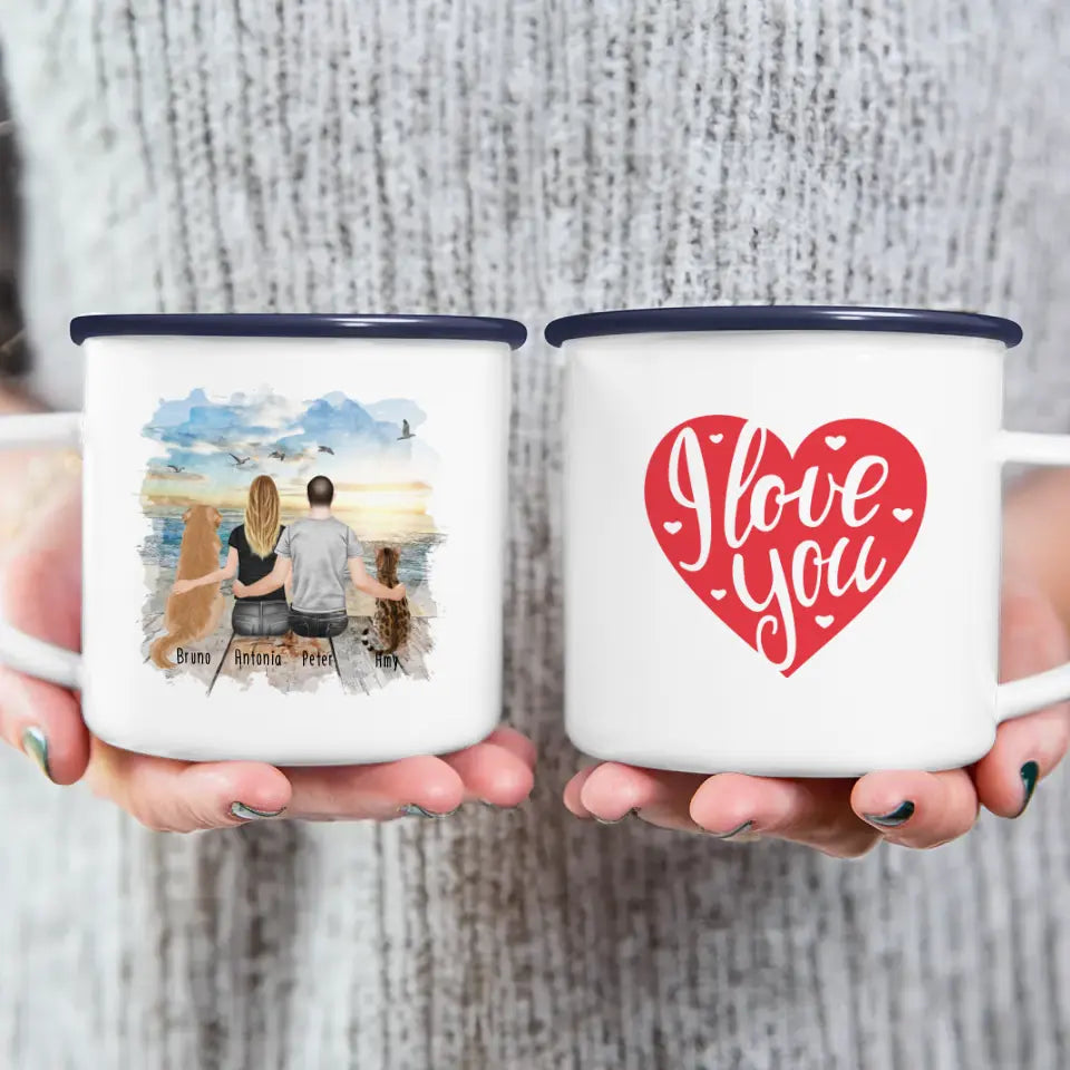 Personalisierte Tasse mit Pärchen und 1 Hund und 1 Katze