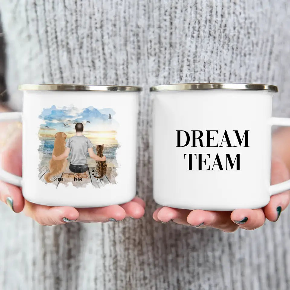 Personalisierte Tasse mit Hund, Katze und Mann (1 Hund + 1 Katze + 1 Mann)