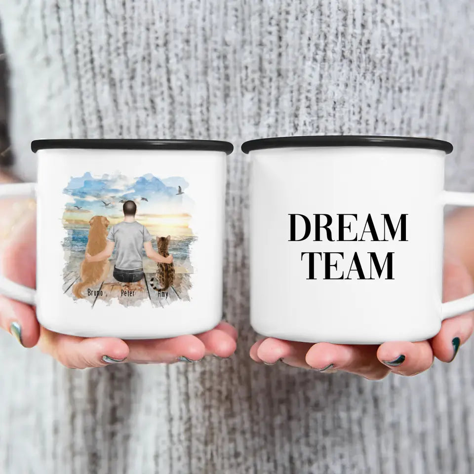 Personalisierte Tasse mit Hund, Katze und Mann (1 Hund + 1 Katze + 1 Mann)