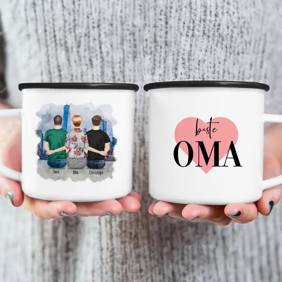 Personalisierte Tasse für Oma (2 Männer + 1 Oma)