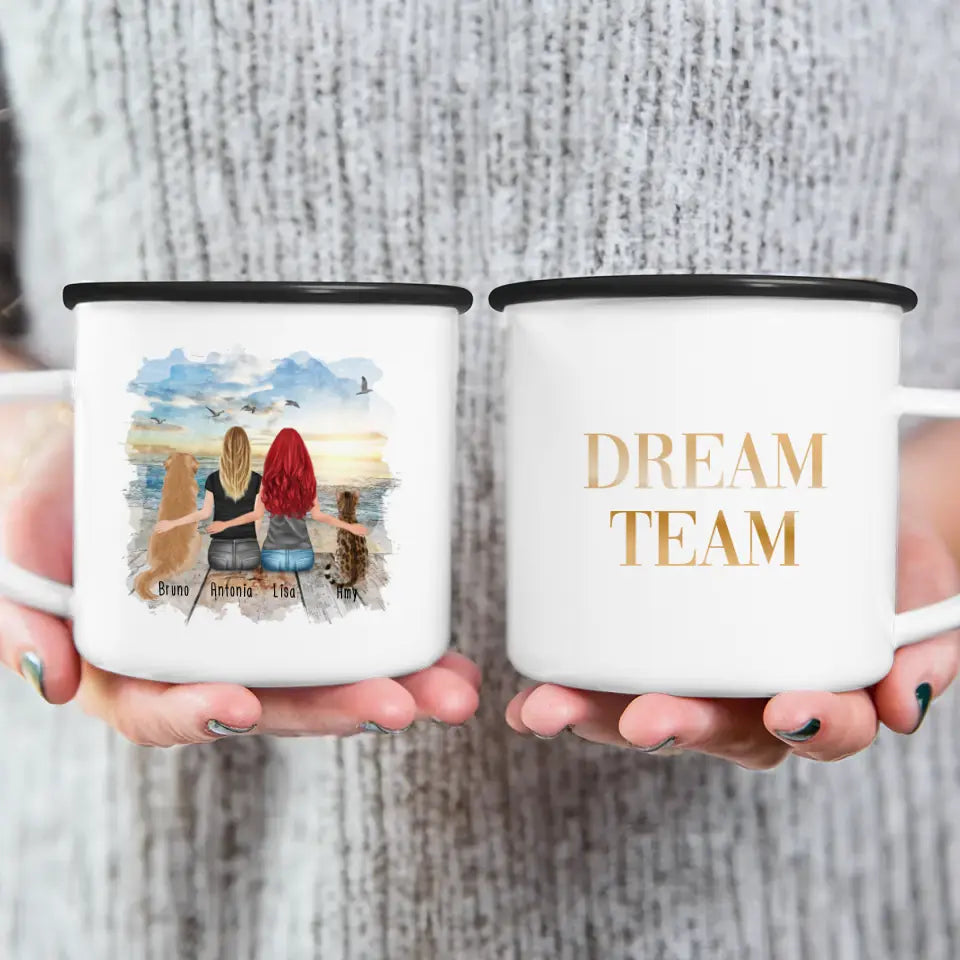 Personalisierte Tasse mit Hund, Katze und Frauen (1 Hund + 1 Katze + 2 Frauen)