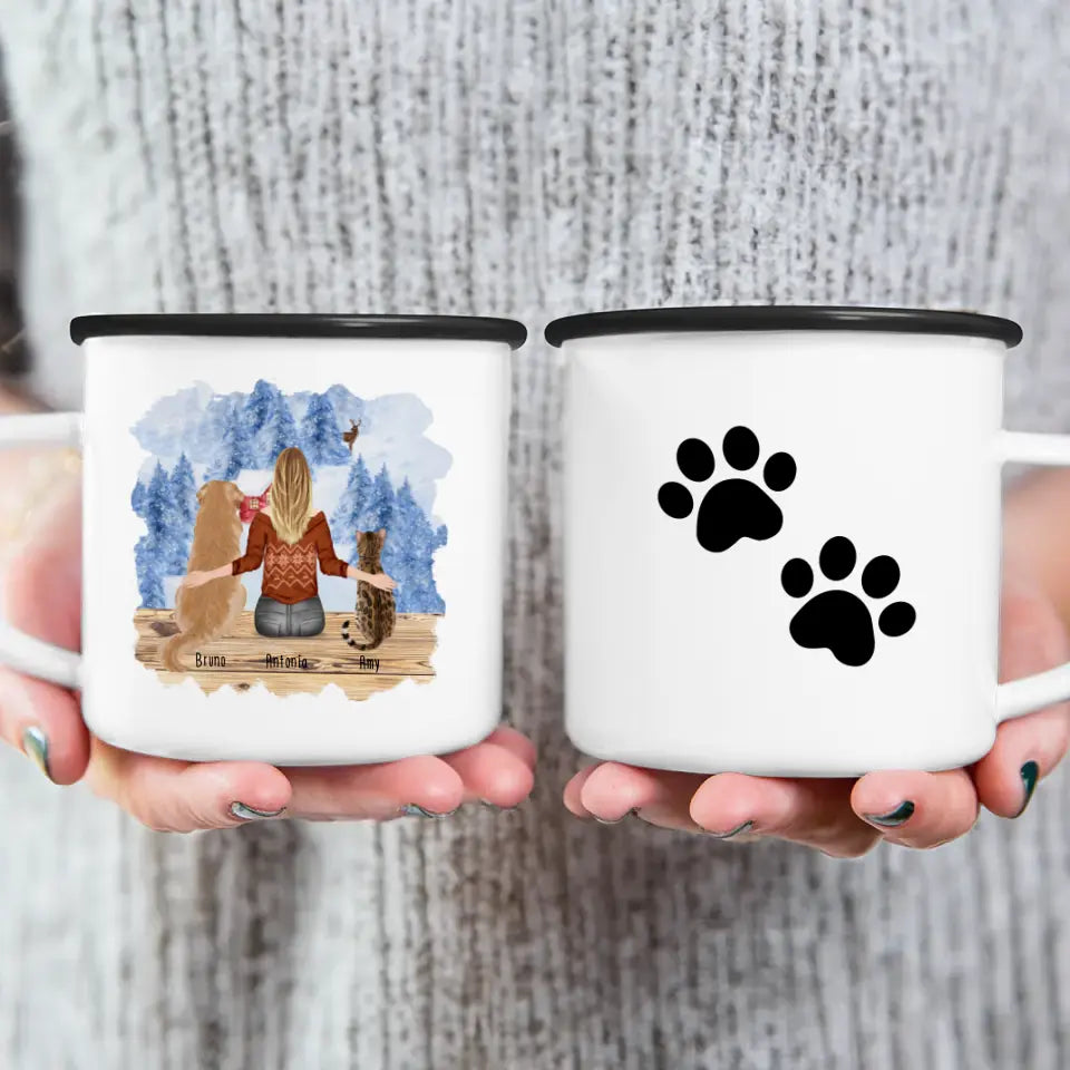 Personalisierte Tasse mit Hund/Katze/Frau (1 Hunde + 1 Katze + 1 Frau) - Weihnachtstasse